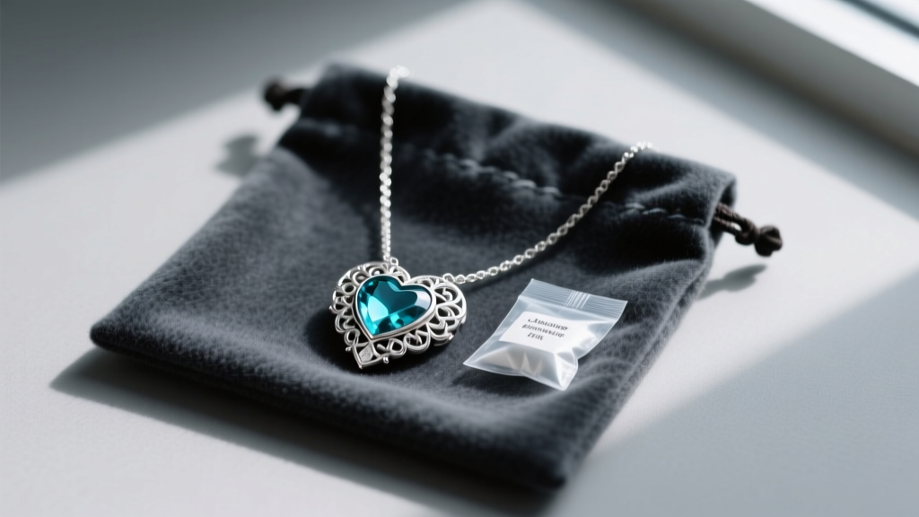 A silver Heart of the Ocean necklace carefully stored inside a dark anti-tarnish flannel pouch next to a small silica gel packet.