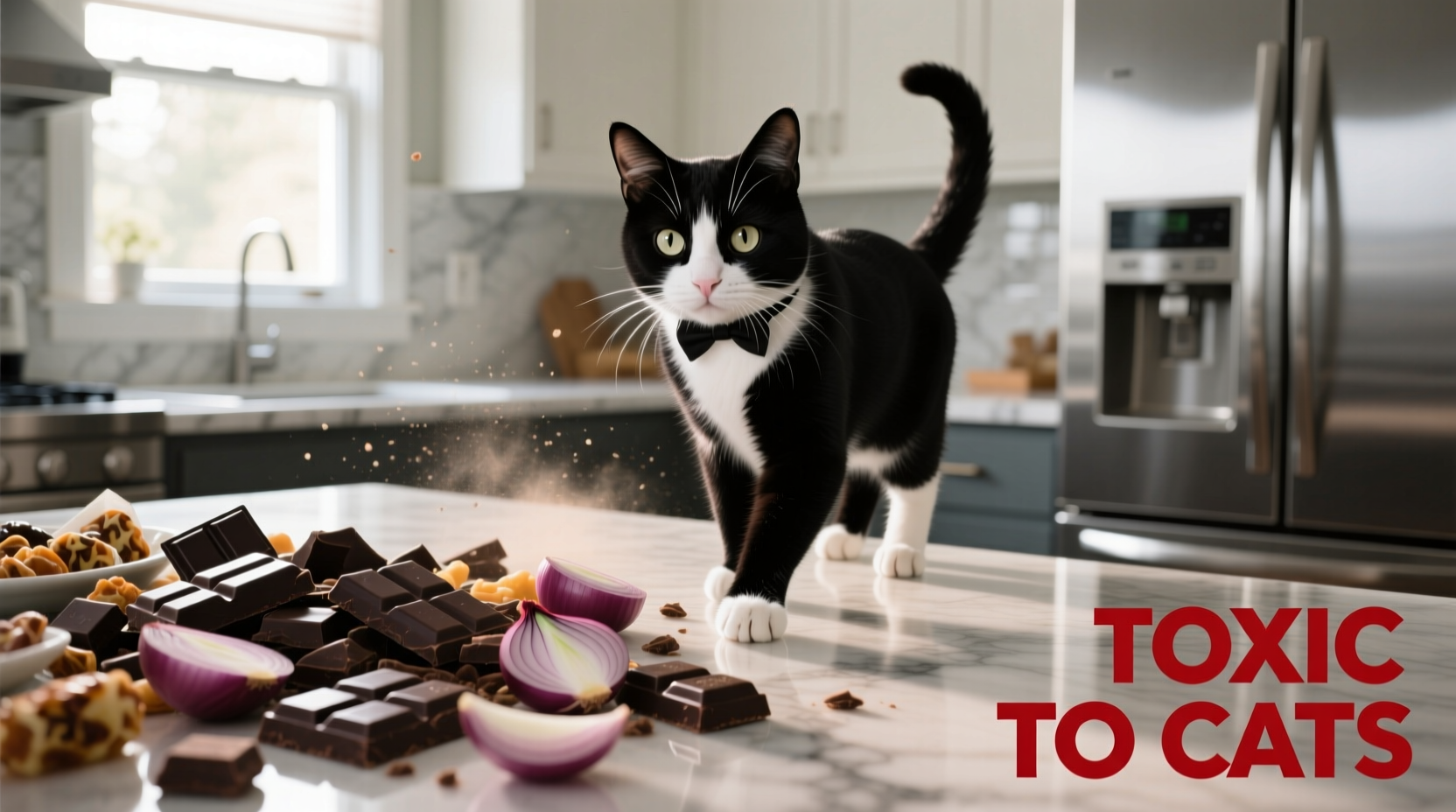 Cat avoiding toxic chocolate and onions on kitchen counter