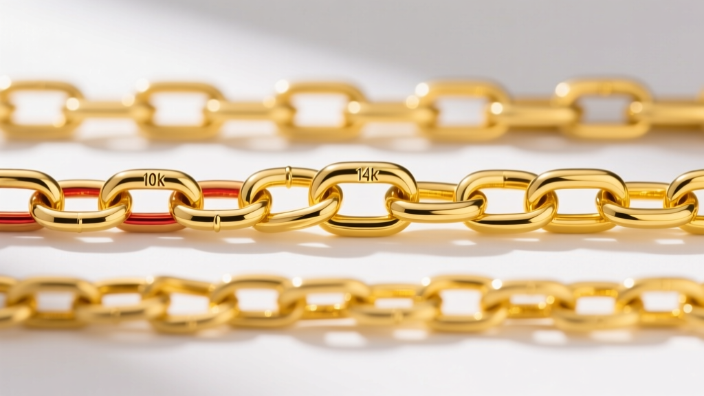 Close-up of three gold chain links in 10k, 14k, and 18k purity, highlighting subtle color differences in yellow gold alloys