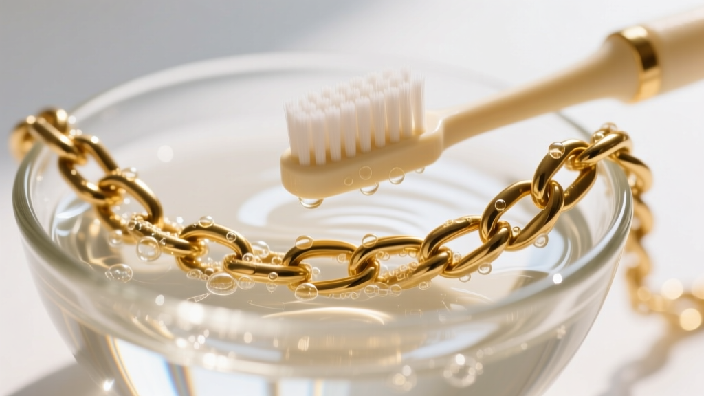 A soft baby toothbrush gently scrubbing a thick 90s Figaro gold chain submerged in a glass bowl of warm soapy distilled water.