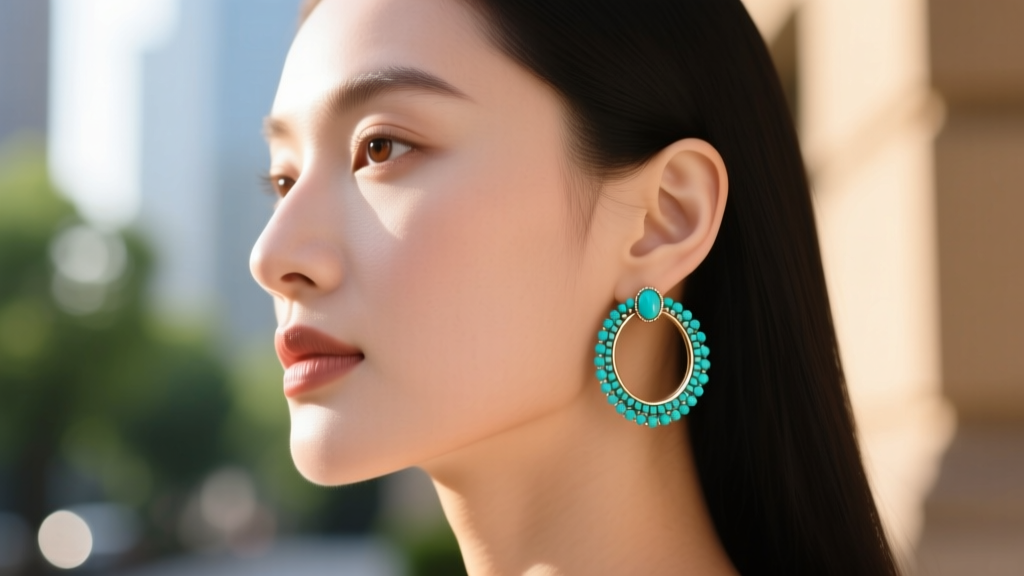 Side profile of woman with oval face wearing 40mm medium hoop earrings with turquoise bead accents, blurred background.