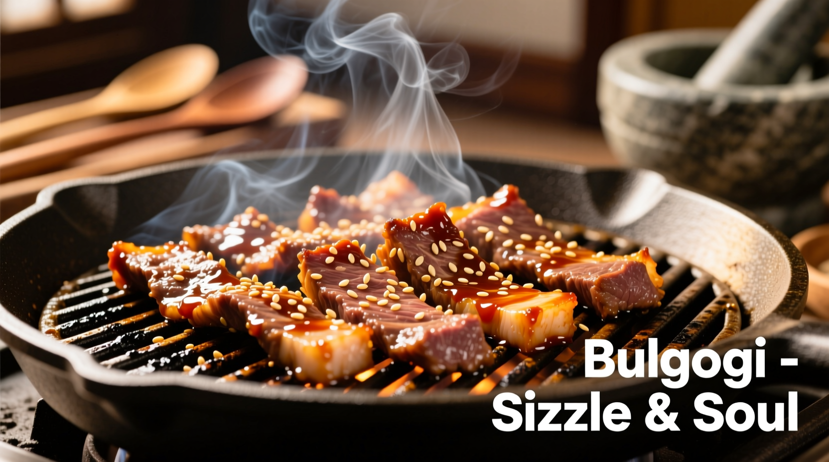 Sizzling bulgogi on grill with sesame seeds