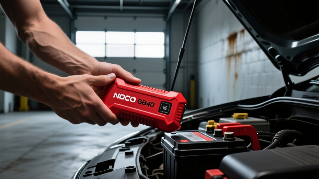 Hands holding a bright red NOCO GB40 portable lithium jump starter next to a car battery in a dimly lit garage space.