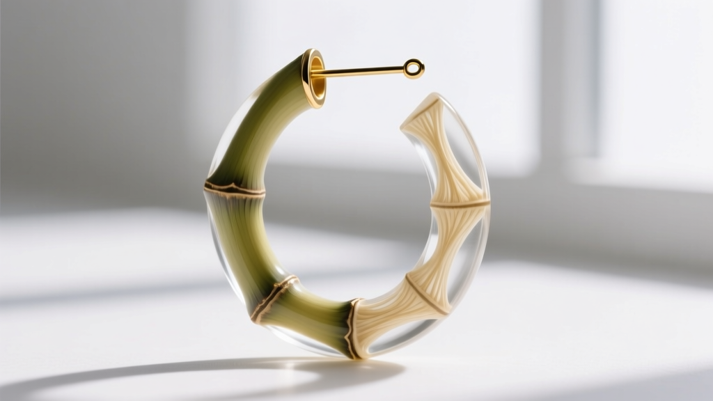Macro shot of clear acrylic bamboo hoop earrings showing internal node textures and a polished 18-gauge gold wire post.