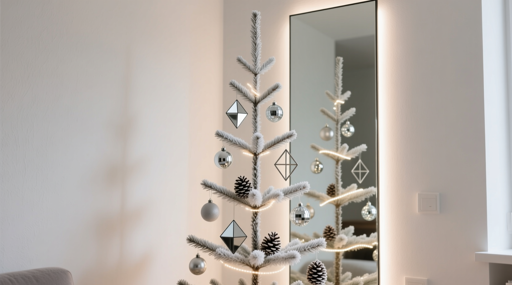 how to style a christmas tree for a tiny apartment using vertical space and mirrored accents