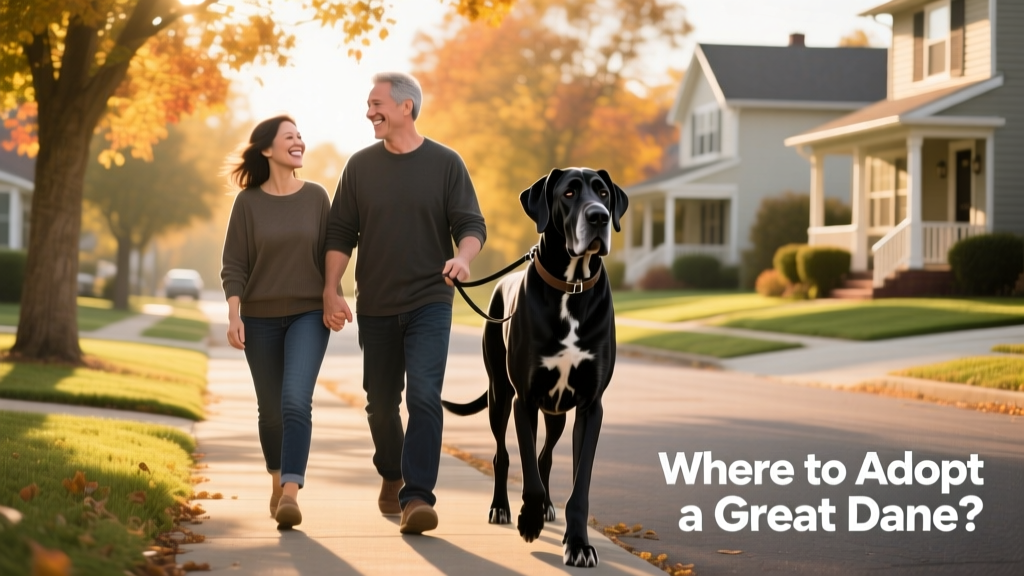 Two people smiling warmly as they walk a Great Dane together on a tree-lined neighborhood street