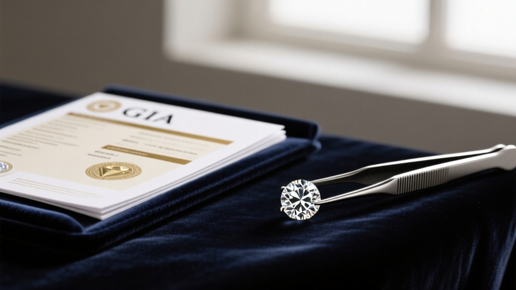 A folded GIA diamond grading report on dark velvet next to a brilliant round cut diamond held in fine steel tweezers