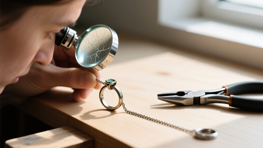 Jeweler inspecting a worn jump ring on a titanium chain with a loupe, specialized jewelry pliers resting on a wooden workbench