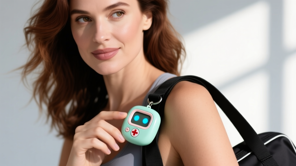 Close-up of a woman holding a discreet pastel smart panic button disguised as a retro digital pet toy attached to her gym bag strap