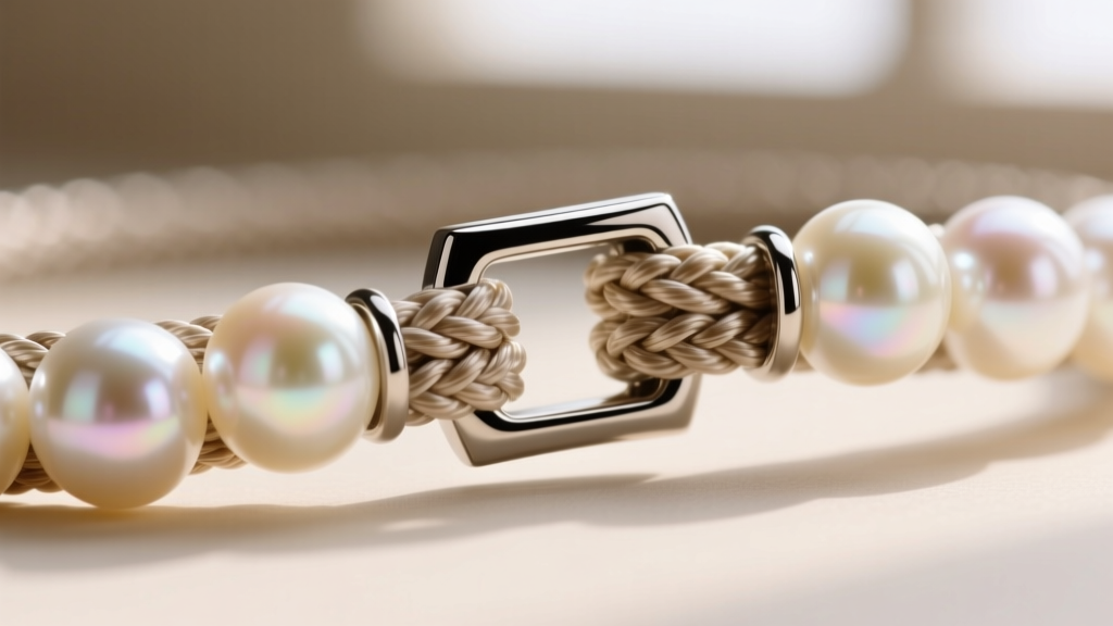 Macro close-up of a titanium magnetic clasp connecting thick braided UHMWPE line strung with large cream South Sea pearls.