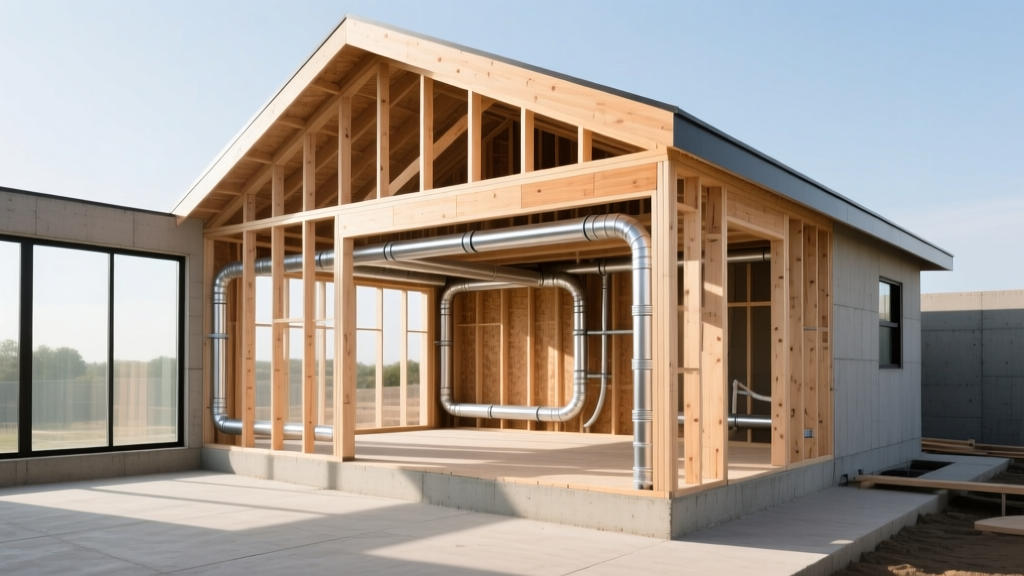 Architectural blueprint overlaid on a weather-tight wooden core-shell house frame with exposed PEX plumbing and concrete slab flooring
