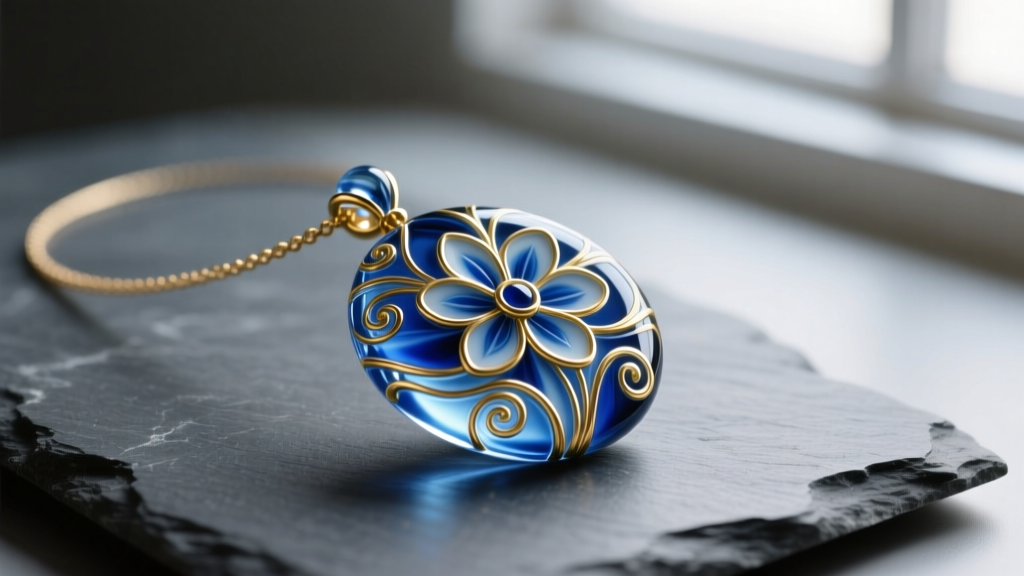 Close-up of a vibrant Murano glass pendant necklace featuring blue and gold millefiori patterns resting on dark gray slate.