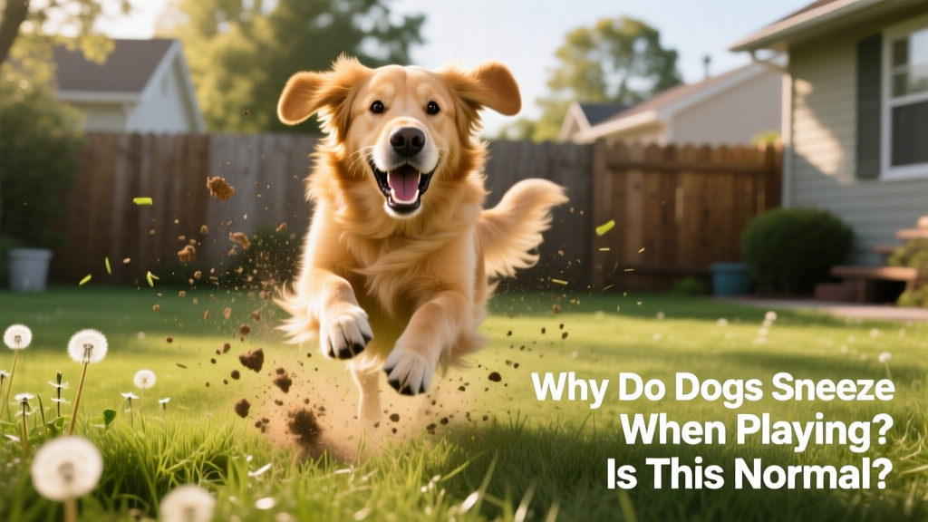 A golden retriever mid-romp in a sunlit backyard, kicking up grass and dirt