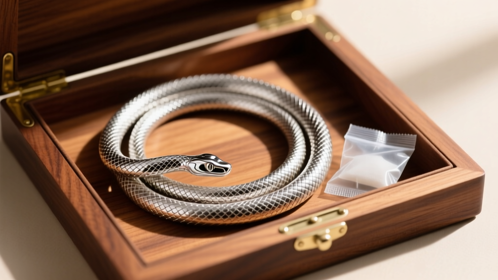 Sterling silver python metal chain necklace coiled inside a cedar-lined mahogany box next to an anti-tarnish silica packet.