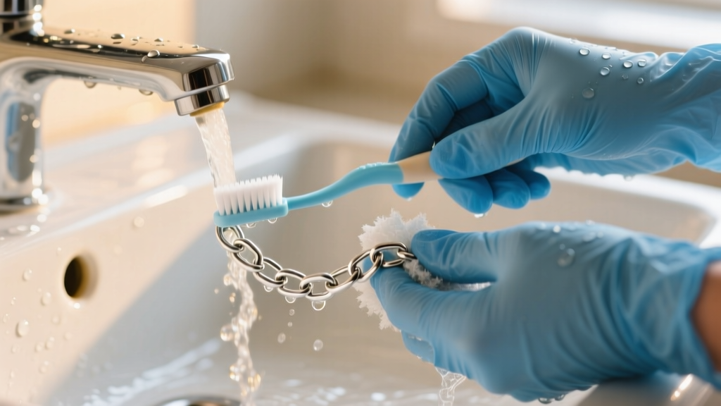 Hands in blue nitrile gloves scrubbing a sterling silver chain with an extra-soft baby toothbrush under warm running tap water.