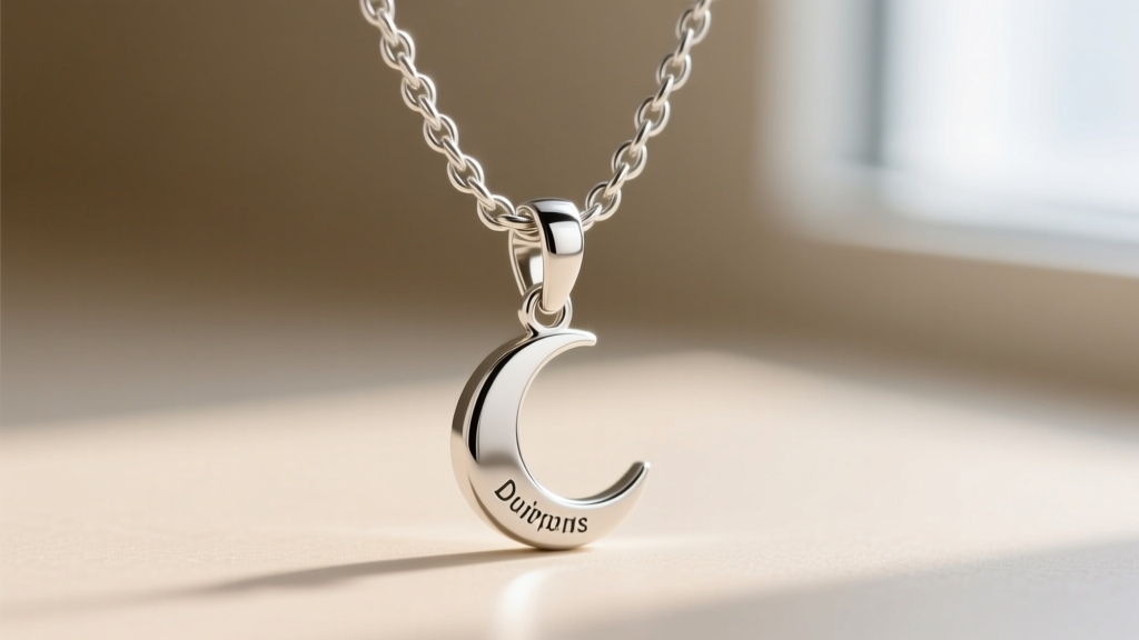 Close-up of a 1mm sterling silver cable chain connecting to a small lobster clasp on a moon pendant, highlighting the metal stamp