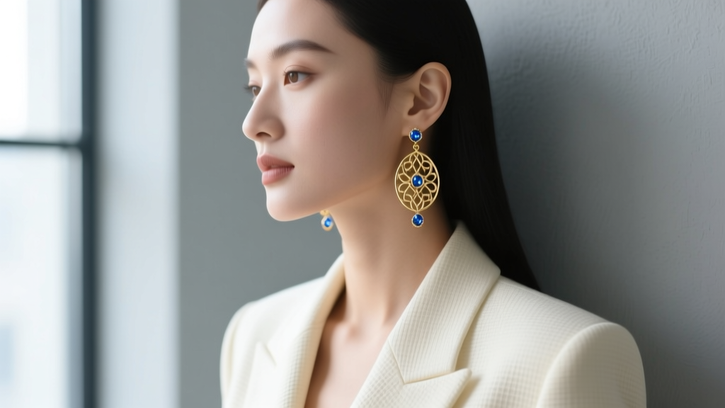 Close-up profile of a woman wearing a cream blazer and medium gold filigree drop earrings with small blue sapphire accents