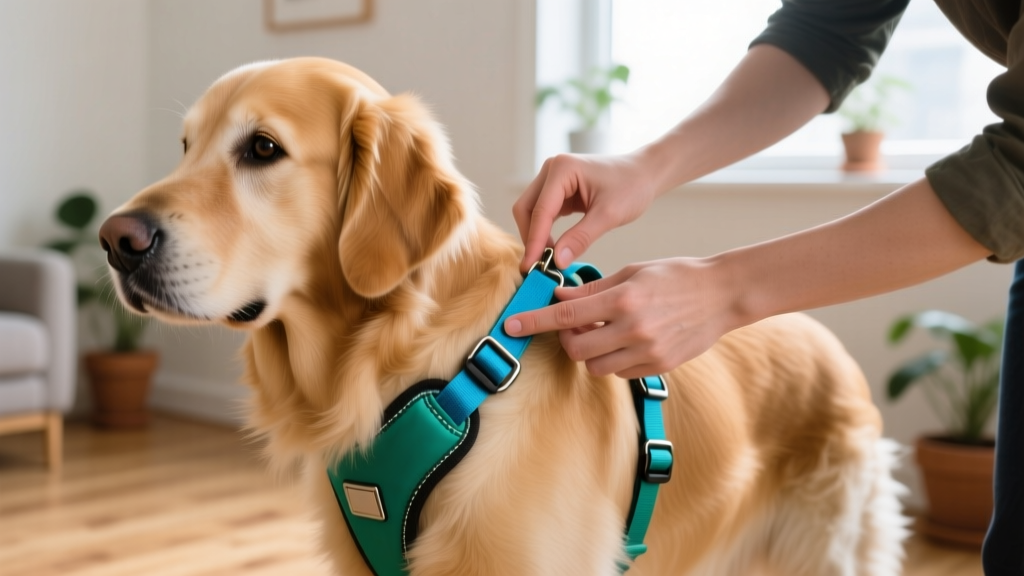 Close up of a dog owner performing the two-finger fit test under the girth strap of a front-clip dog harness on a golden retriever.