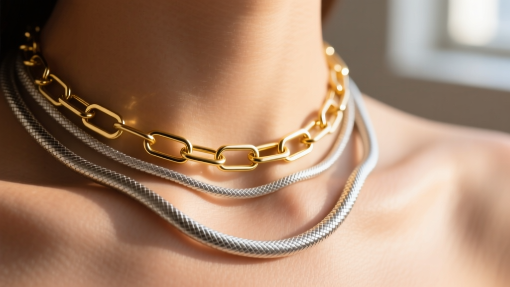 Close-up of a layered necklace stack with a 14k gold paperclip chain and a sterling silver snake chain resting on warm skin.