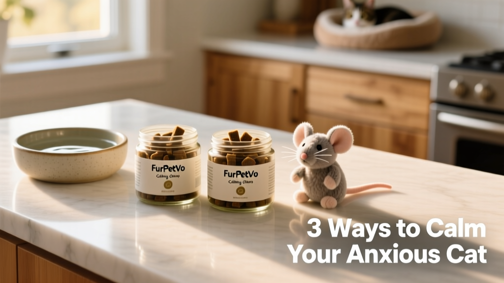 Two open jars of FurPetVo calming chews on a clean countertop beside a water bowl and toy mouse