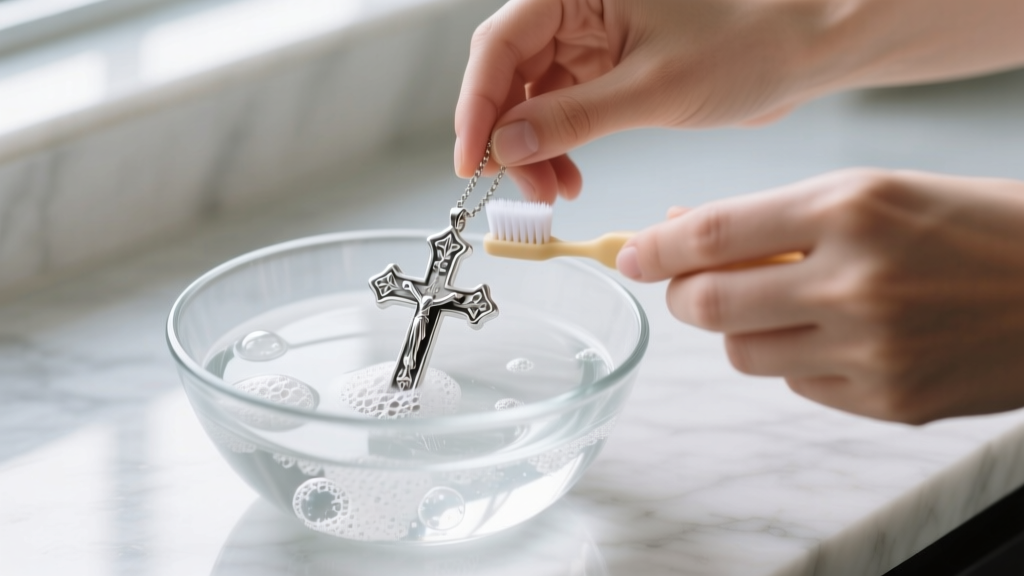 Hands gently cleaning a sterling silver cross necklace with a soft baby toothbrush and soapy water in a glass bowl on marble.