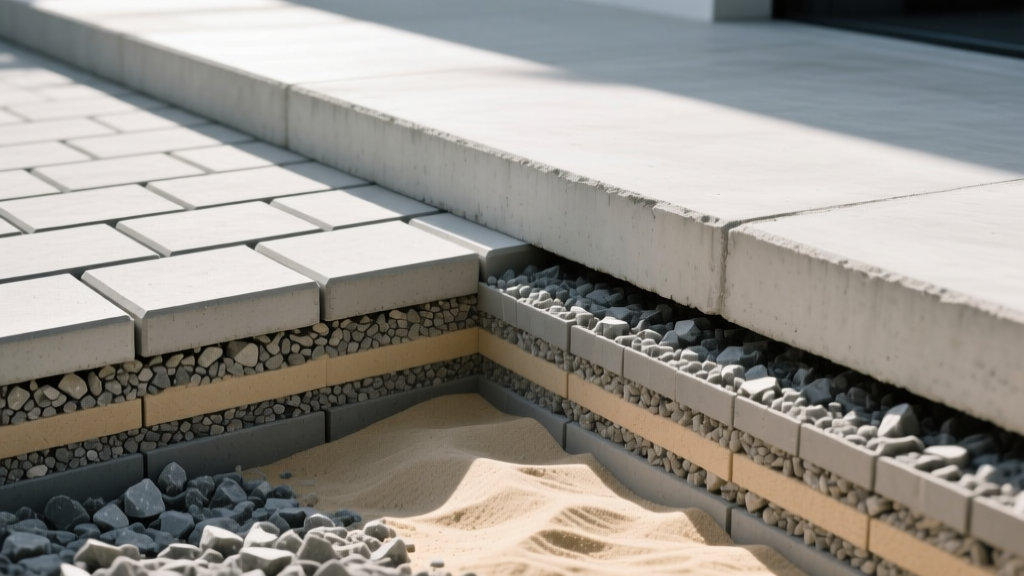 Cross-section of compacted gravel base and sand bed under interlocking concrete pavers next to a monolithic poured concrete slab