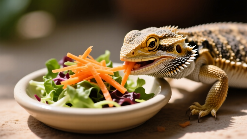 Bearded dragon eating from a shallow ceramic feeding dish filled with mixed greens topped with shredded carrots