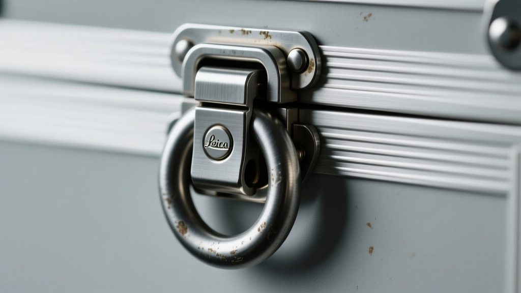 Detailed view of a heavy-duty box clasp with a safety figure-eight latch on a thick men's chain against a matte black background