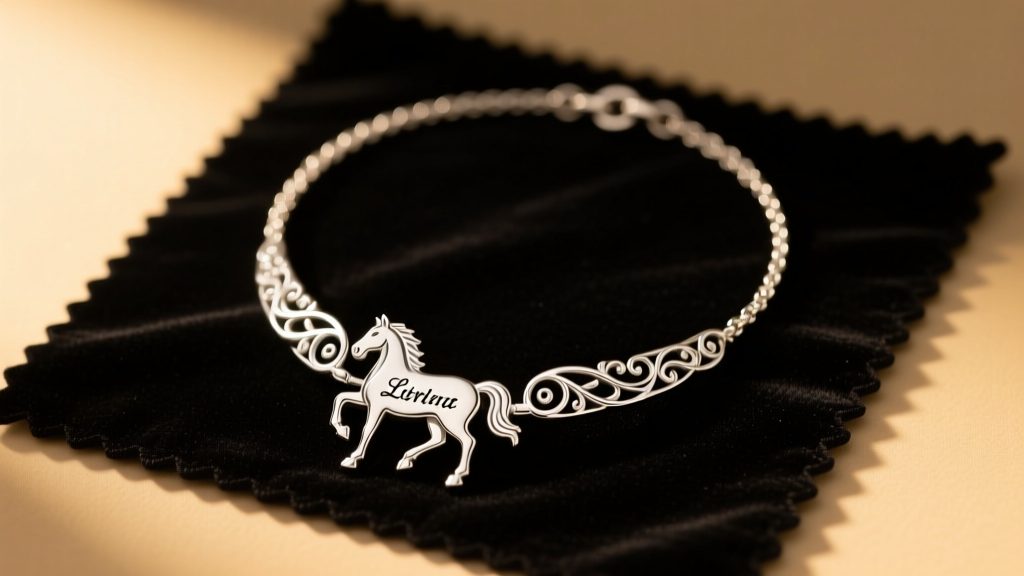 Sterling silver personalised horse necklace with engraved nameplate on dark velvet cleaning mat under soft warm studio lighting.