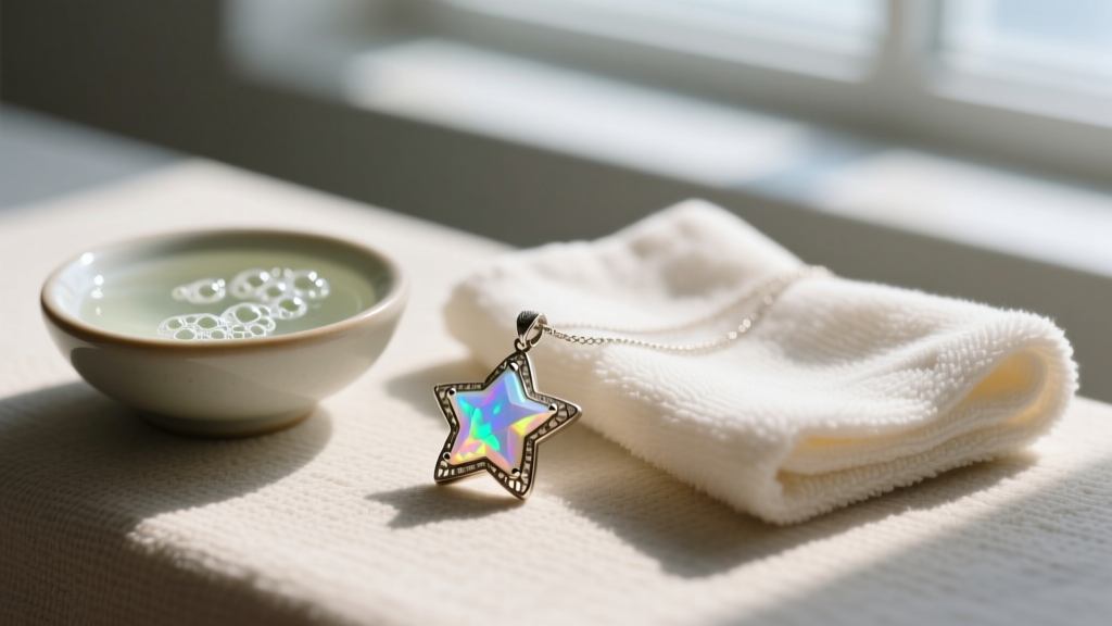 Soft microfiber cloth and mild soap solution next to an opal star pendant, illustrating safe and gentle jewelry cleaning methods.