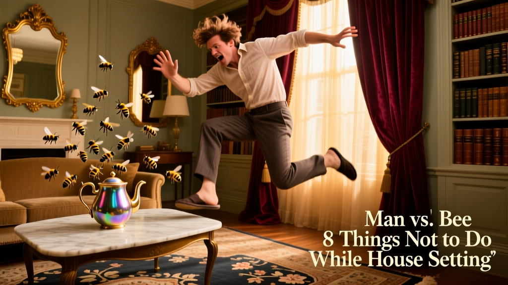 A humorous, stylized still from Man vs. Bee showing Trevor Bingley mid-mishap in an elegant living room