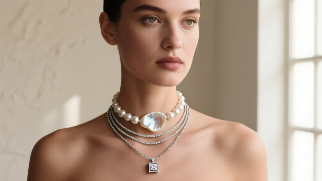 Model wearing a layered necklace stack featuring a small square bezel-set diamond pendant and an organic baroque pearl choker