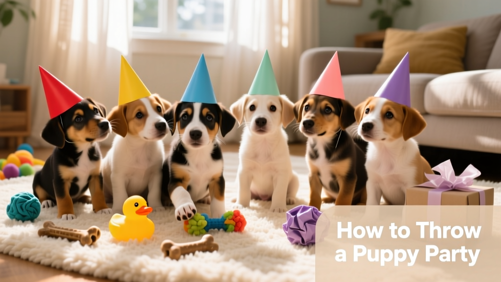 A cheerful group of puppies wearing colorful paper party hats, sitting on a soft rug with toys scattered nearby