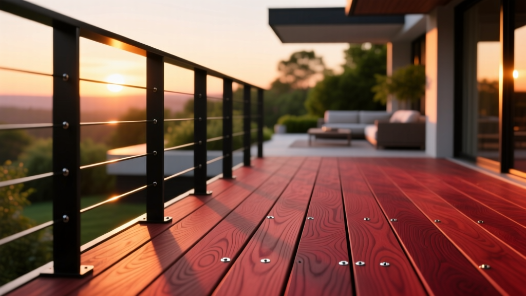 Close-up of modern composite deck featuring rich mahogany capped boards, hidden fasteners, and sleek black aluminum railings at sunset
