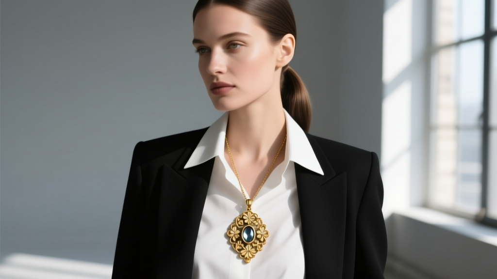 Woman wearing a vintage Florenza Renaissance pendant necklace over a crisp white button-down shirt and a tailored black blazer.