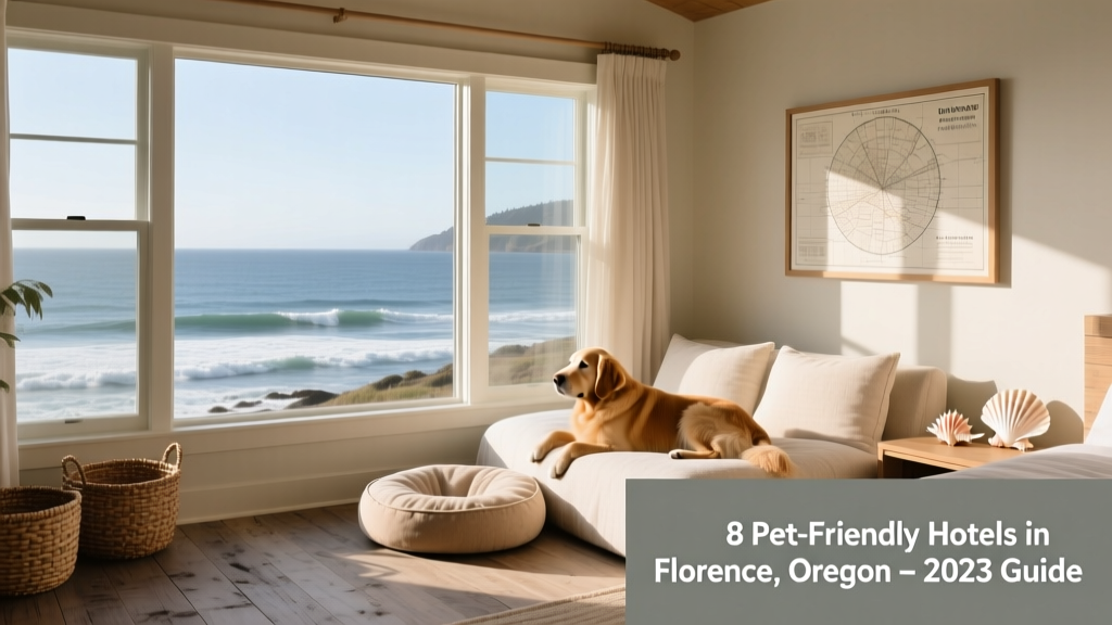 Cozy ocean-view room at Driftwood Shores Resort with dog bed and window overlooking the Pacific
