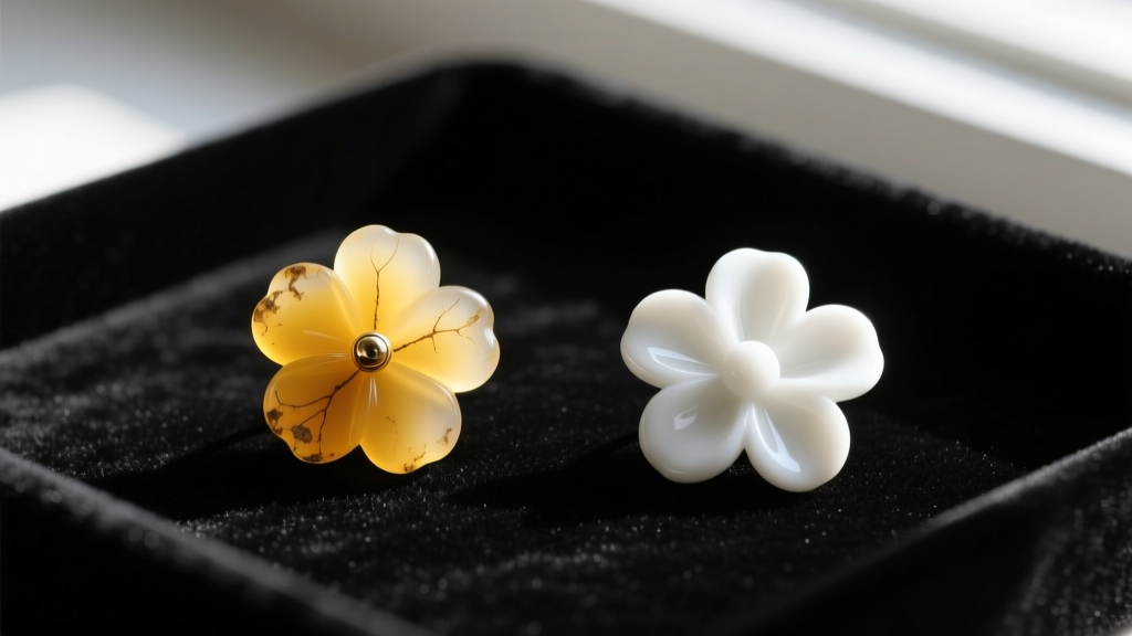 Side-by-side view of a yellowed resin white flower earring next to a pristine white porcelain floral earring on dark velvet tray.