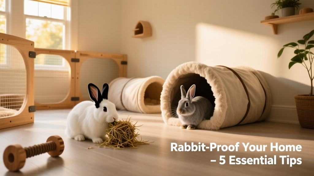 An indoor rabbit play area with chew-safe toys, tunnels, and a cozy hideaway, fully rabbit-proofed