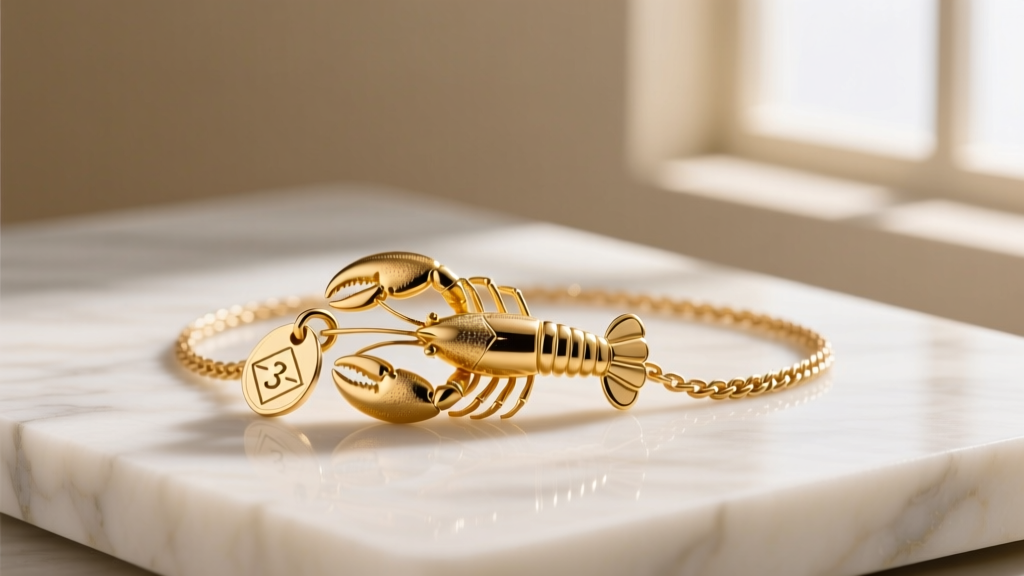 A 14k yellow gold lobster clasp with a custom soldered 3-gram counterweight tag, shown attached to a delicate 1mm wheat chain.