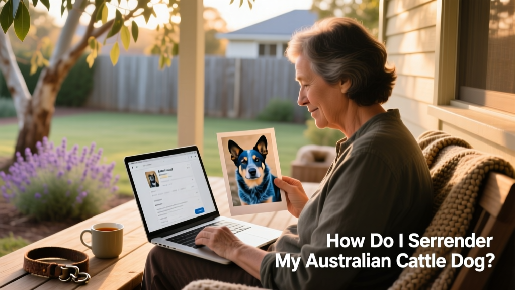 Person reviewing a dog's profile on a laptop while holding a photo of their Australian Cattle Dog