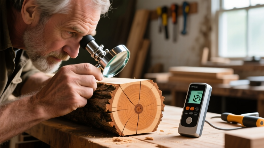 Close-up of a carpenter examining the end-grain of a rough-sawn oak timber with a 10x loupe next to a digital moisture meter on a workbench