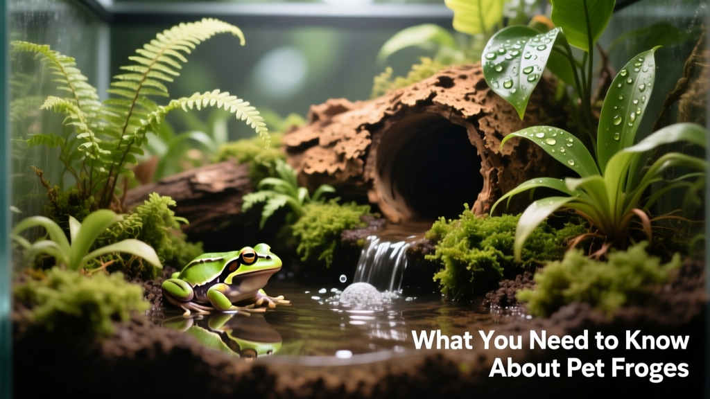 Close-up of a clean, bioactive frog terrarium with live plants, moist soil substrate, a small water feature, and hiding spots—showcasing ideal environmental enrichment