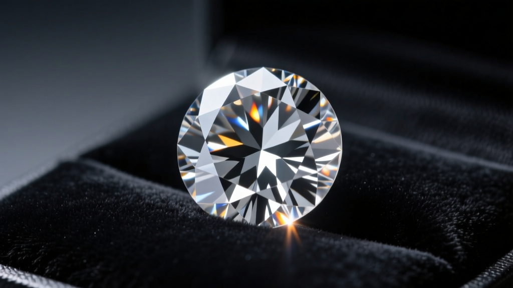 Macro photo of a GIA certified round brilliant diamond on a dark velvet pad, highlighting crisp facets and light return