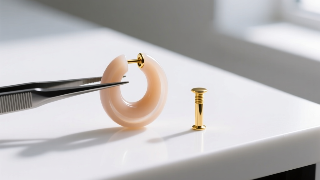 Tweezers holding a large silicone earring back next to an 18-gauge gold post, macro photo on a clean white workbench.