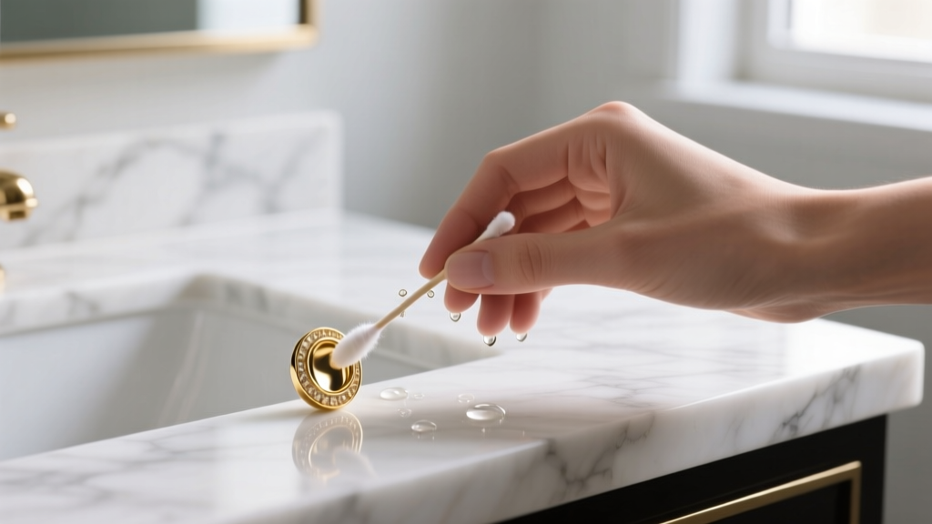 Hands cleaning a gold-plated stud earring with a cotton swab and soapy water on a white marble bathroom counter.
