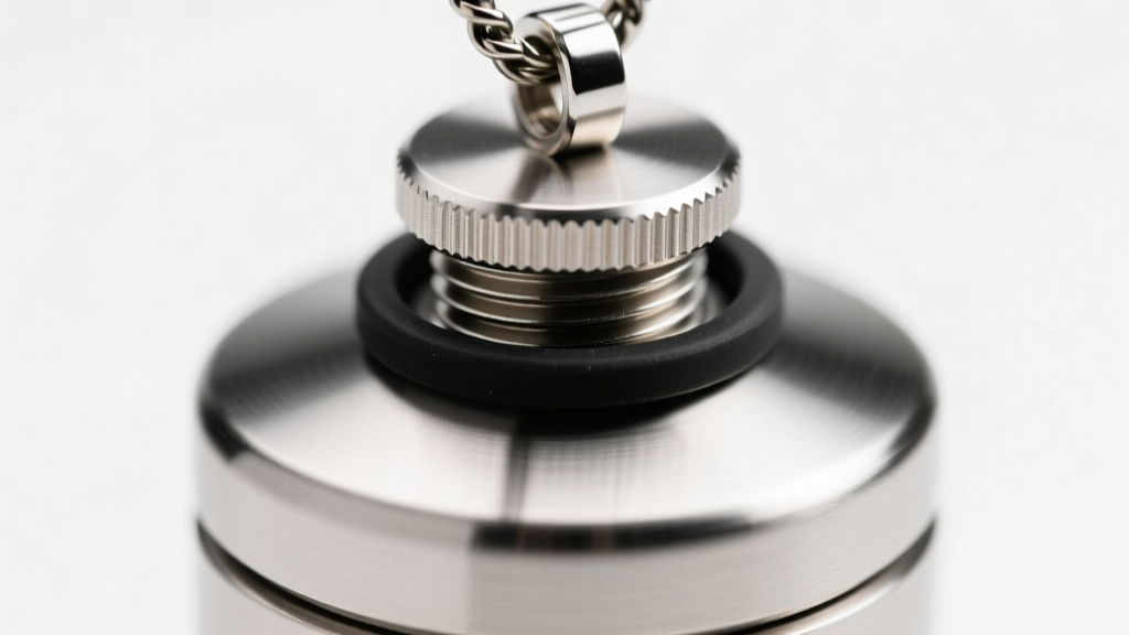 Macro shot of a steel urn pendant revealing a black silicone O-ring gasket and threaded screw cap under bright studio lighting.