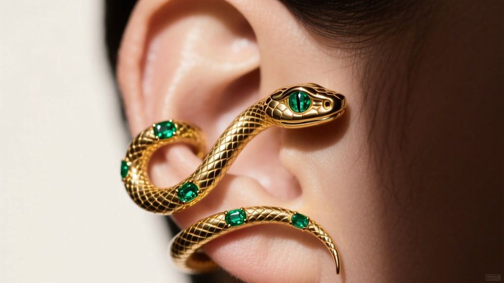 Close-up of 18k gold vermeil serpent ear cuff wrapping around upper cartilage, featuring emerald eyes under soft studio lighting