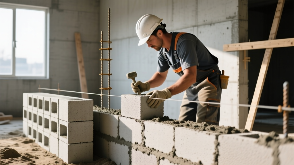 Mason laying a modern 8x8x16 concrete masonry unit on a freshly mortared foundation wall next to a stack of lightweight cinder blocks