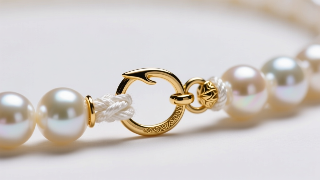 Extreme close-up of a 14k gold fishhook box clasp with a safety catch on a hand-knotted white silk 7mm pearl necklace strand.
