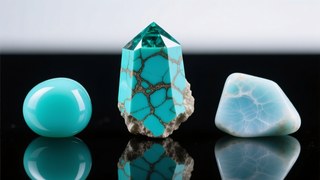 Macro shot comparing raw natural turquoise, epoxy-stabilized turquoise, and dyed howlite stones under bright studio lighting.